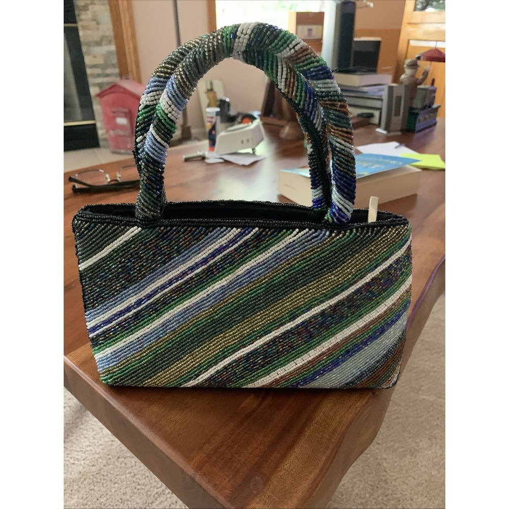 Colleen Lopez Beaded Two Handed Handbag Black, Green Blue Stylish Chic